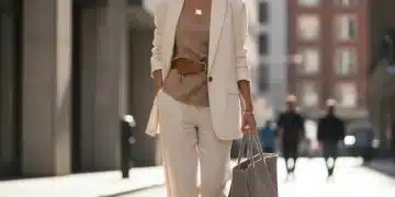 Woman in minimalist neutral outfit walking confidently