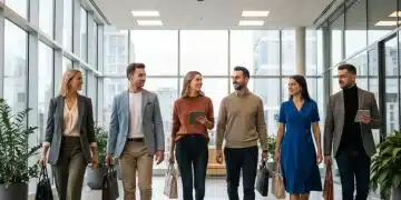 Modern professionals in stylish business casual attire walking in a contemporary office