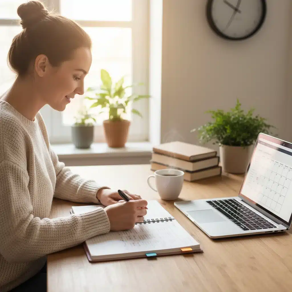 Person planning their day at an organized desk, embodying morning routine focus.