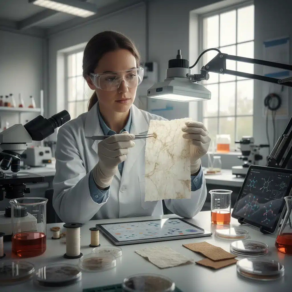 Textile engineer examining mycelium fabric in laboratory