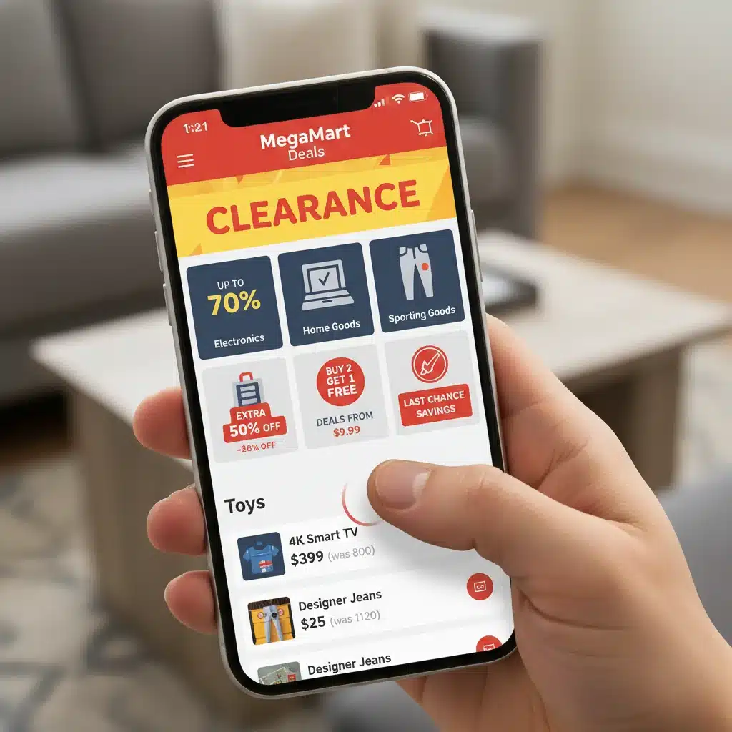Smartphone showing online clearance deals on a retail app
