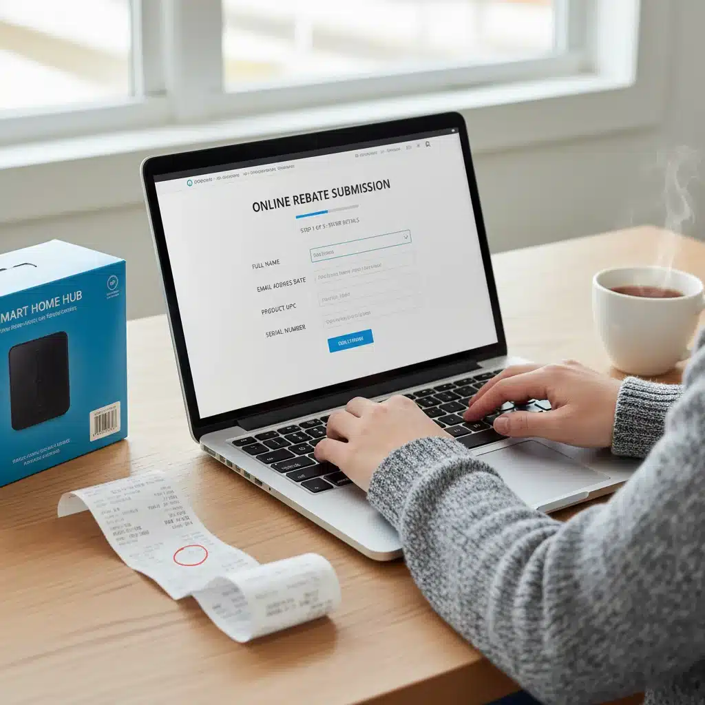 Person filling out online rebate form for electronics purchase.