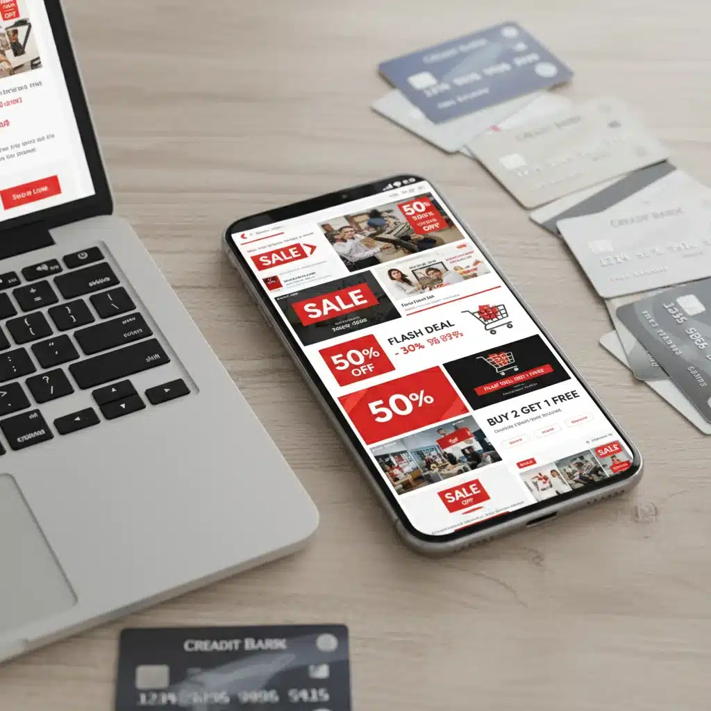 Smartphone showing online sale banners, surrounded by credit cards and a laptop.