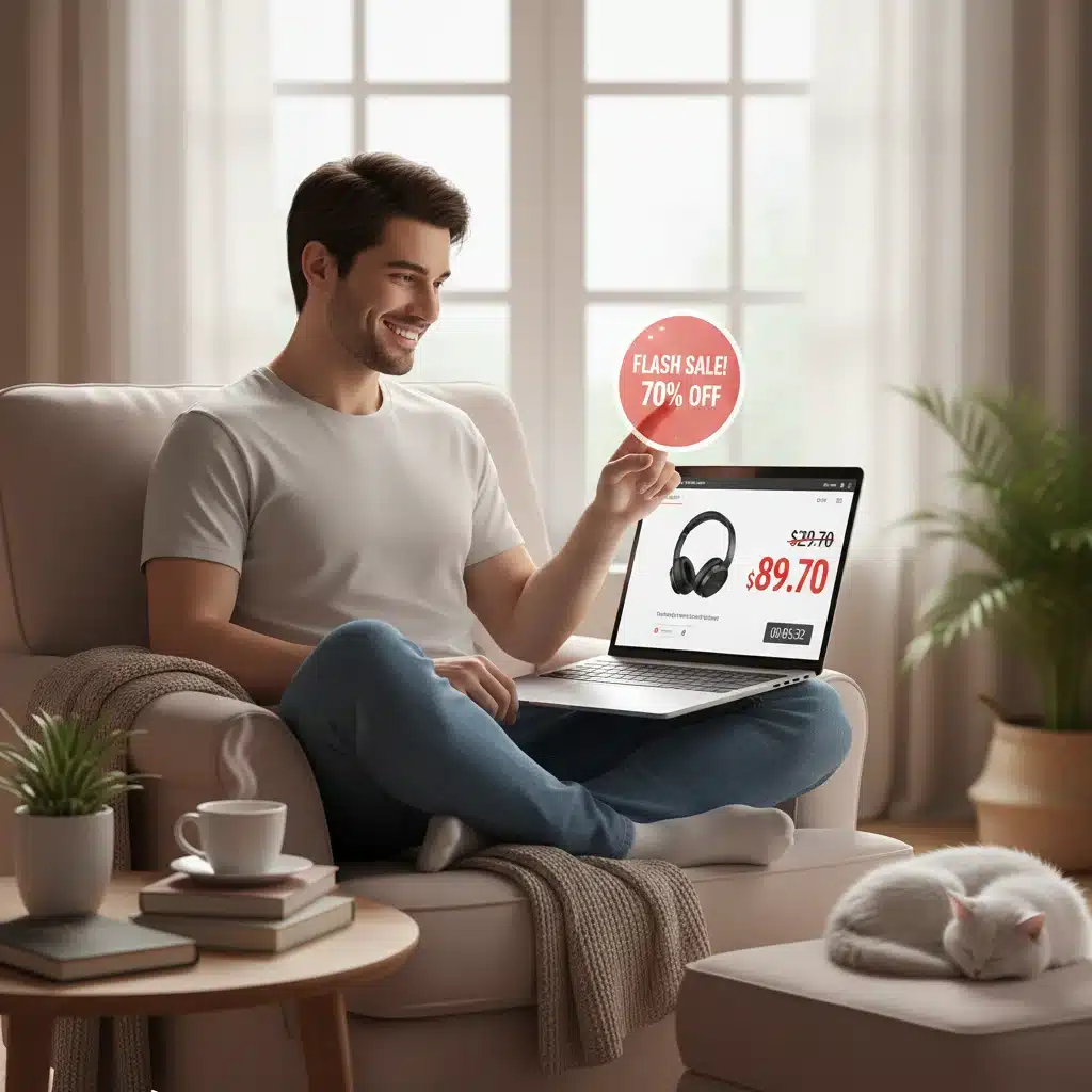 Person shopping online for flash sales on a laptop