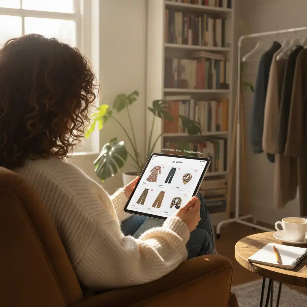 Person browsing an online thrift store for affordable, stylish clothing