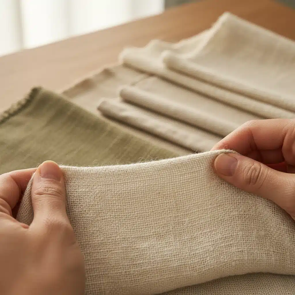 Hands inspecting organic cotton fabric swatch, highlighting sustainable textile choices.