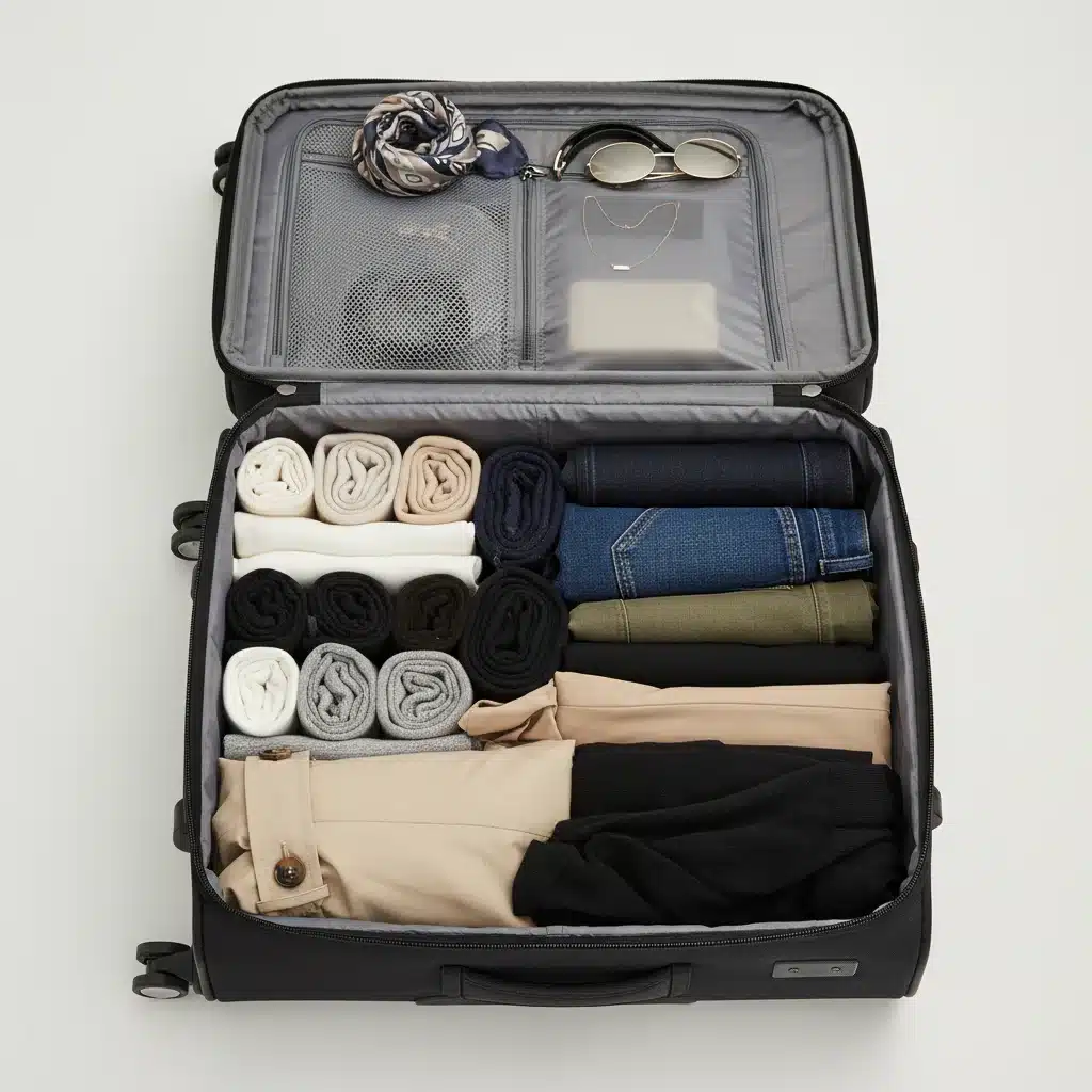 Organized carry-on suitcase with capsule wardrobe essentials