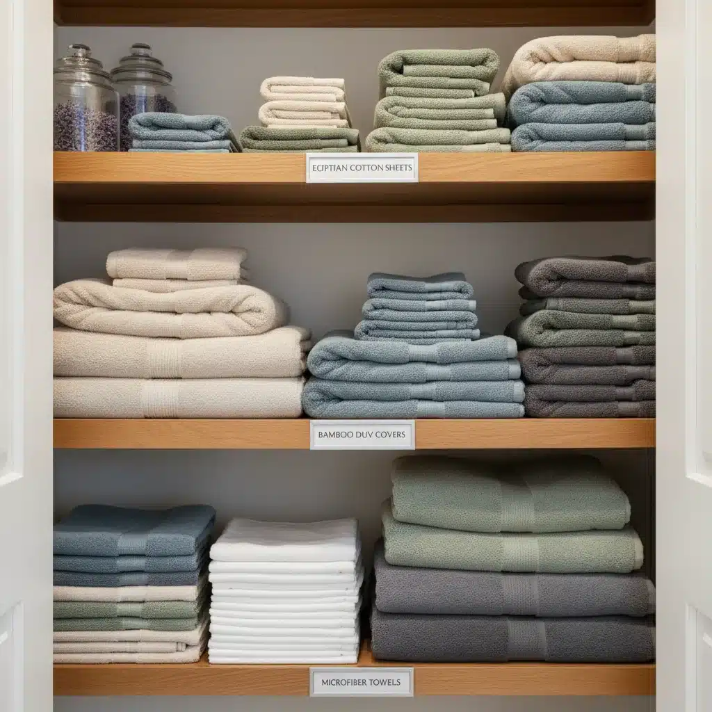 Organized linen closet with stacks of white and colored towels and bed sheets