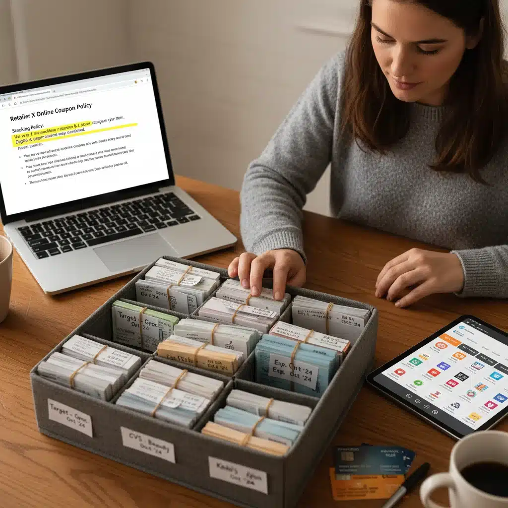 Shopper organizing physical and digital coupons, planning for maximum savings.