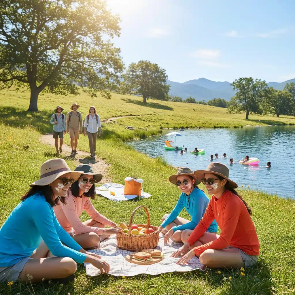 Diverse group enjoying outdoor activities with sun protection