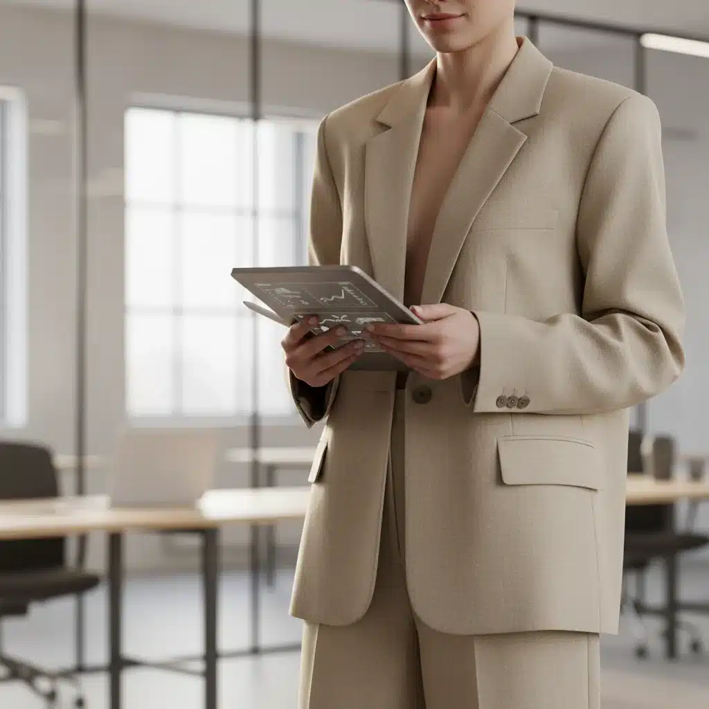 Person in oversized tailored blazer and wide-leg trousers, representing comfort and style.