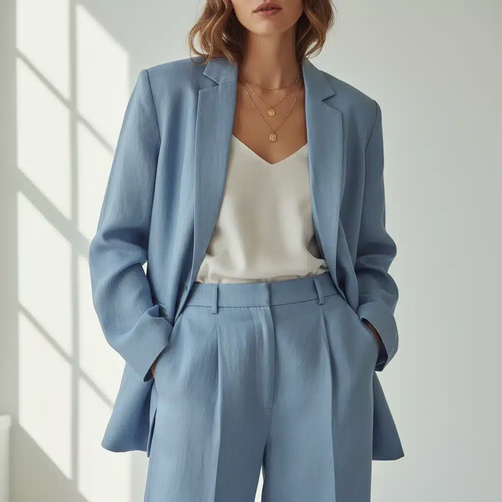 Model wearing an oversized pastel linen blazer and wide-leg trousers, showcasing a key Spring 2026 fashion trend.