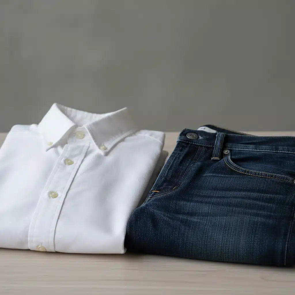 Close-up of classic white Oxford shirt and dark wash denim jeans
