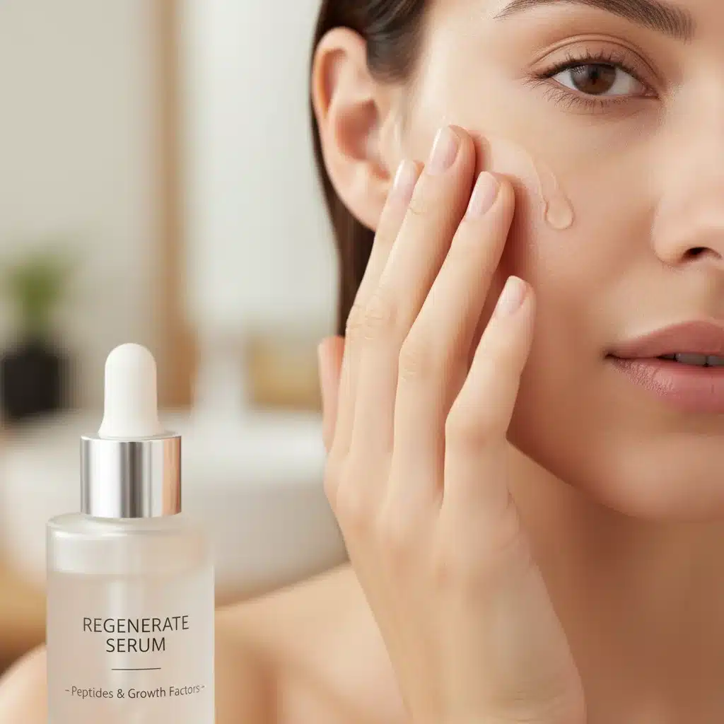 Hand applying peptide and growth factor serum to smooth skin