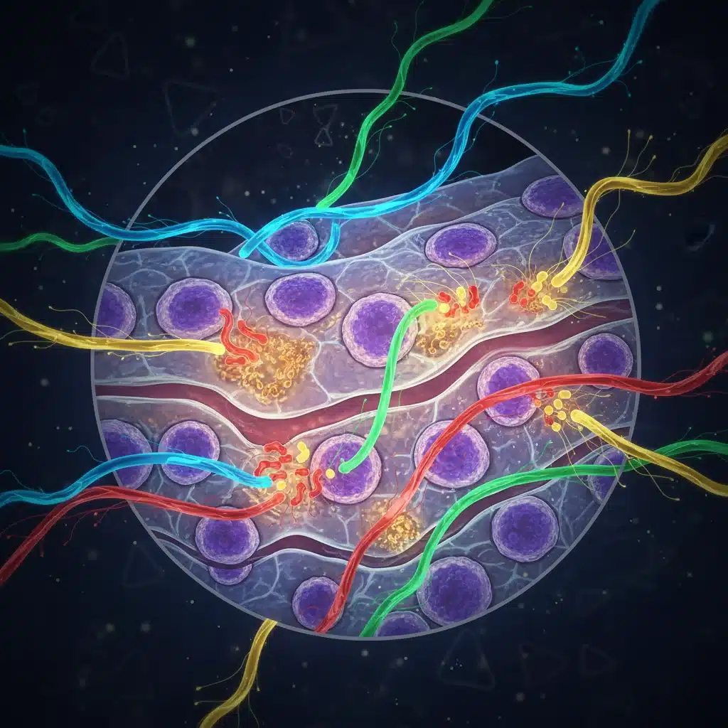 Peptide chains interacting with skin cells at a microscopic level