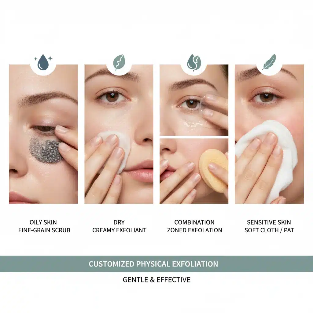 Visual guide to physical exfoliation tools and techniques for various skin types.
