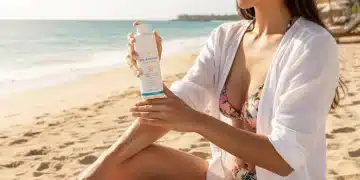 Woman applying sunscreen on beach, radiant skin, summer protection