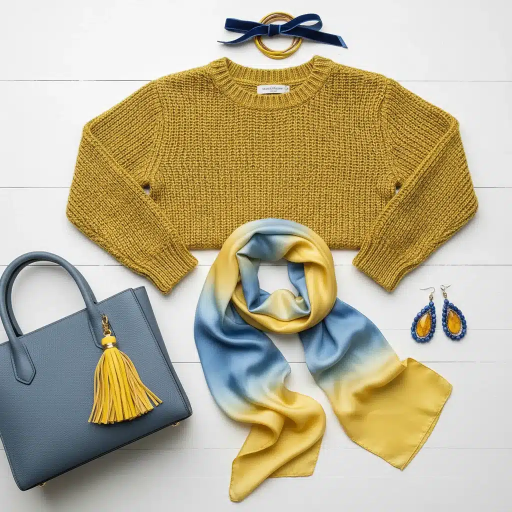 Flat lay of clothing and accessories in Radiant Yellow and Serene Blue