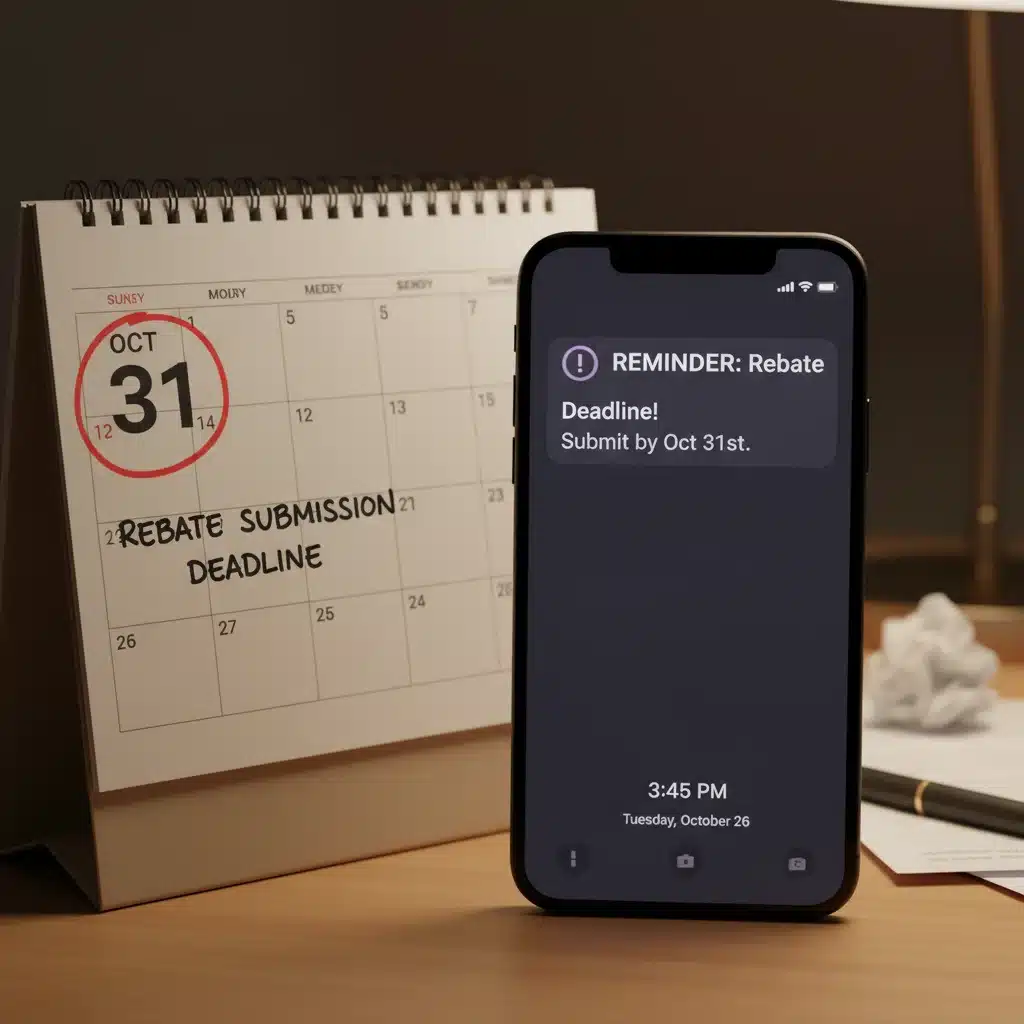 Calendar with circled date and smartphone showing rebate deadline reminder.
