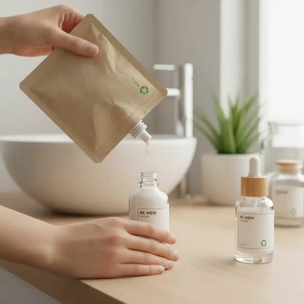 Hands refilling a sustainable glass skincare bottle