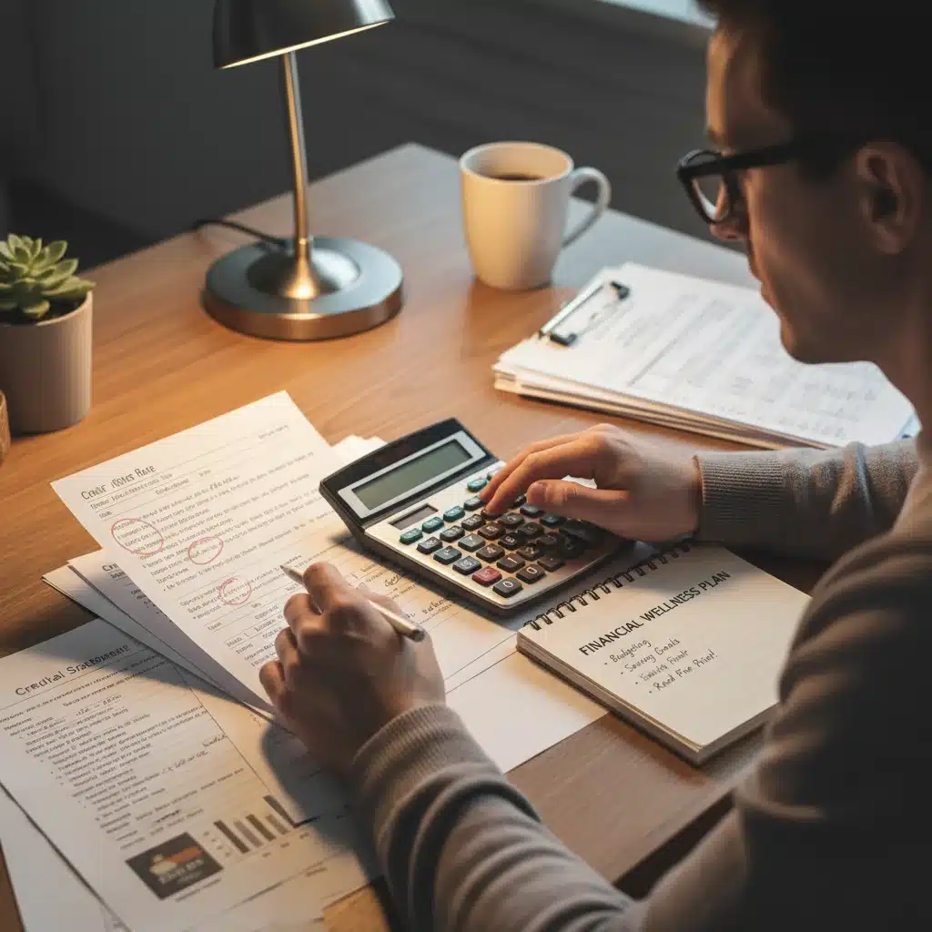Person carefully reviewing credit card statement and financial terms