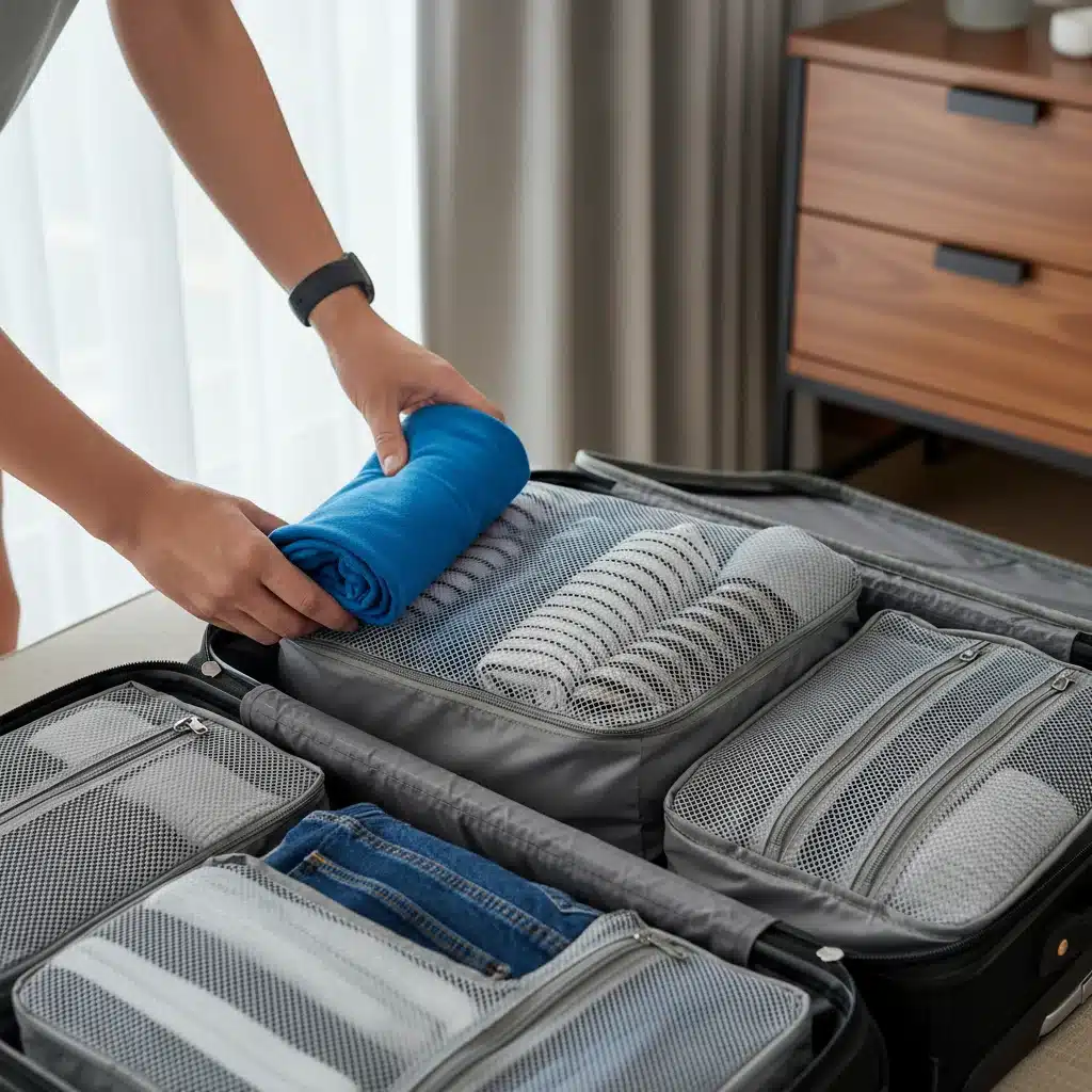 Person demonstrating rolling method for packing clothes in a packing cube