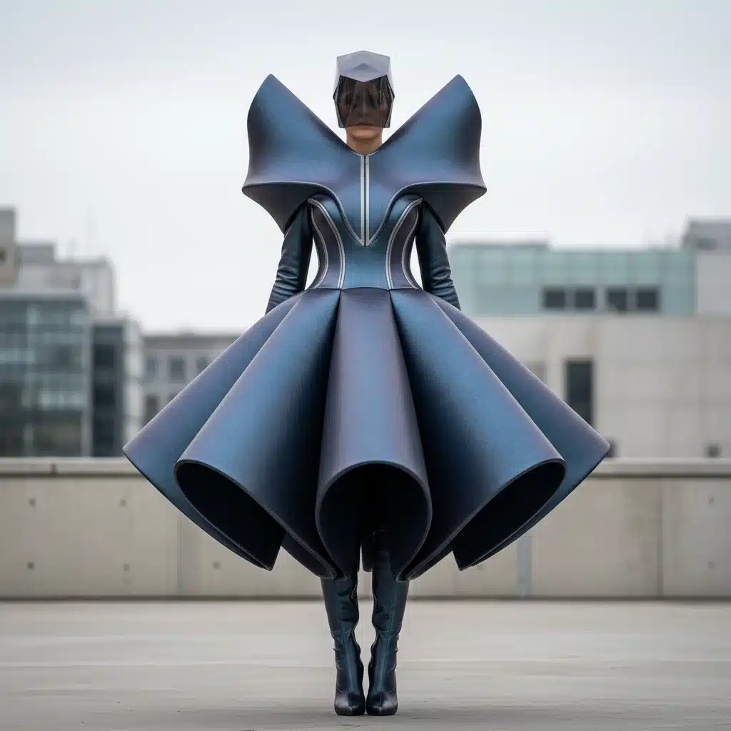 Person wearing a modern sculptural fashion piece with architectural forms, futuristic style