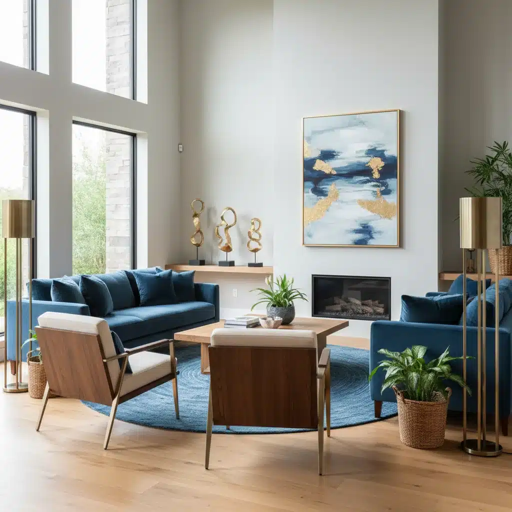 Calming living room interior with 'Serene Horizon Blue' accents on walls and soft furnishings.