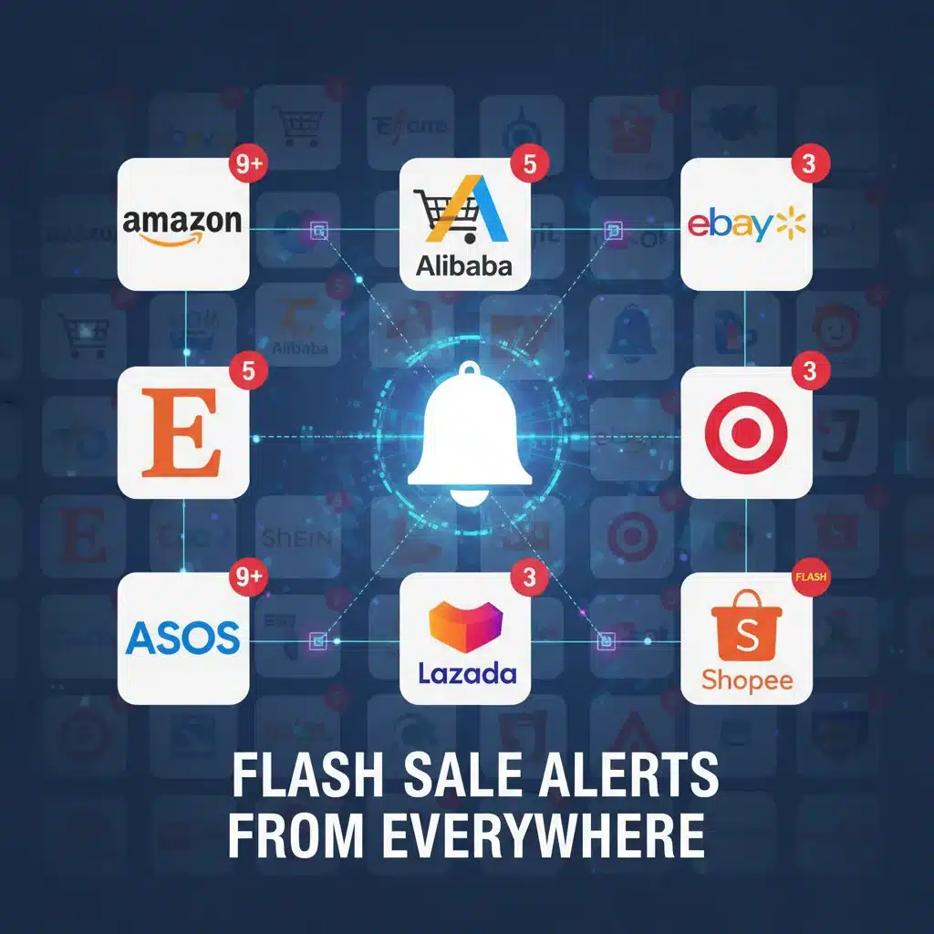 Collection of shopping app icons and website logos for deal alerts