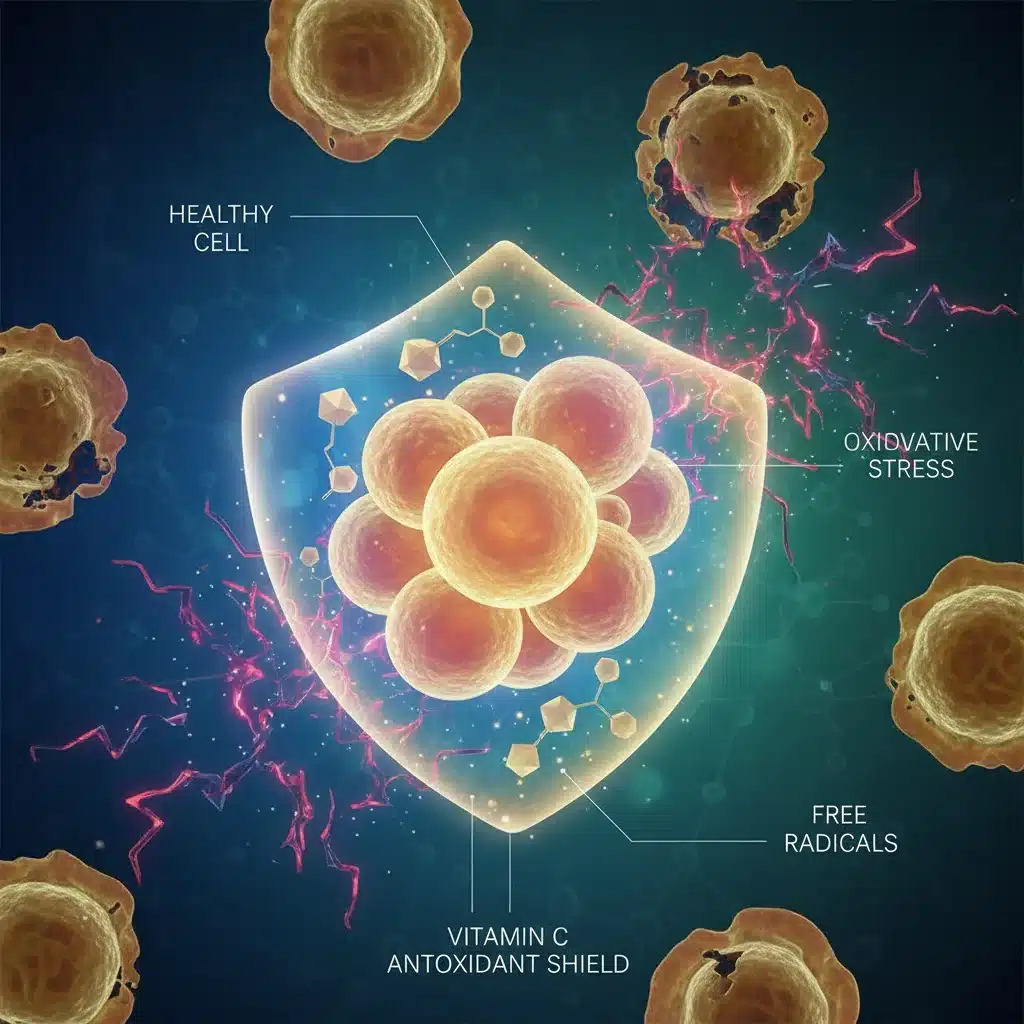 Microscopic view of skin cells showing antioxidant protection from vitamin C.