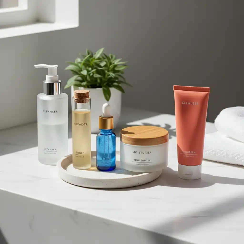 Collection of essential skincare products for a daily routine