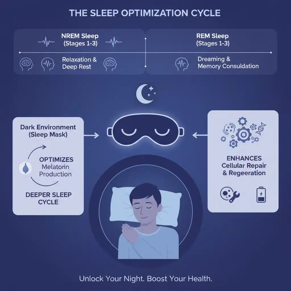 Infographic showing sleep stages and melatonin production optimized by darkness from a sleep mask.