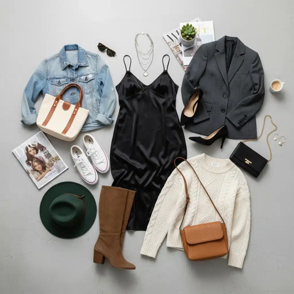 Flat lay of a black slip dress styled with denim, blazer, and sweater for different looks.