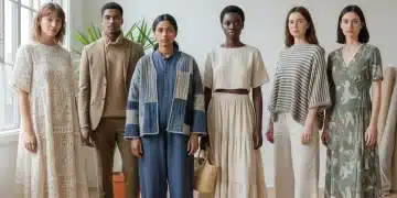 Models showcasing sustainable slow fashion clothing in a modern studio setting.