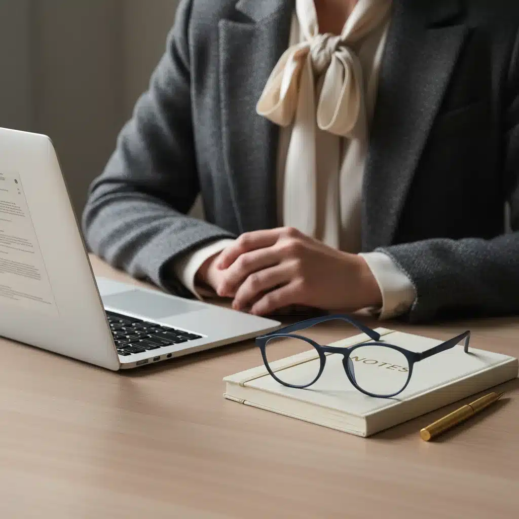 Smart accessories like blue light glasses and a structured blazer on an office desk.
