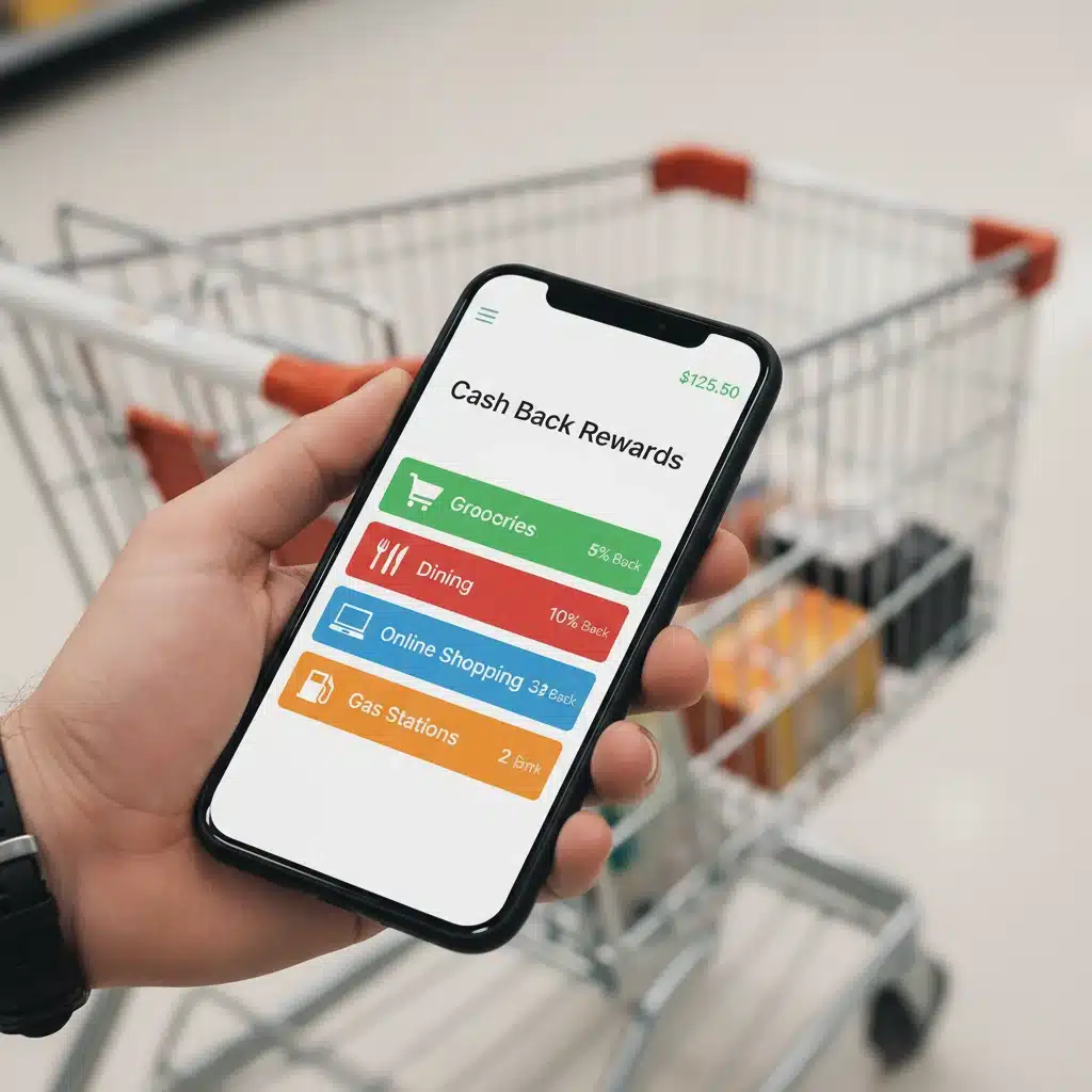 Hand holding smartphone with cash back app showing reward categories.