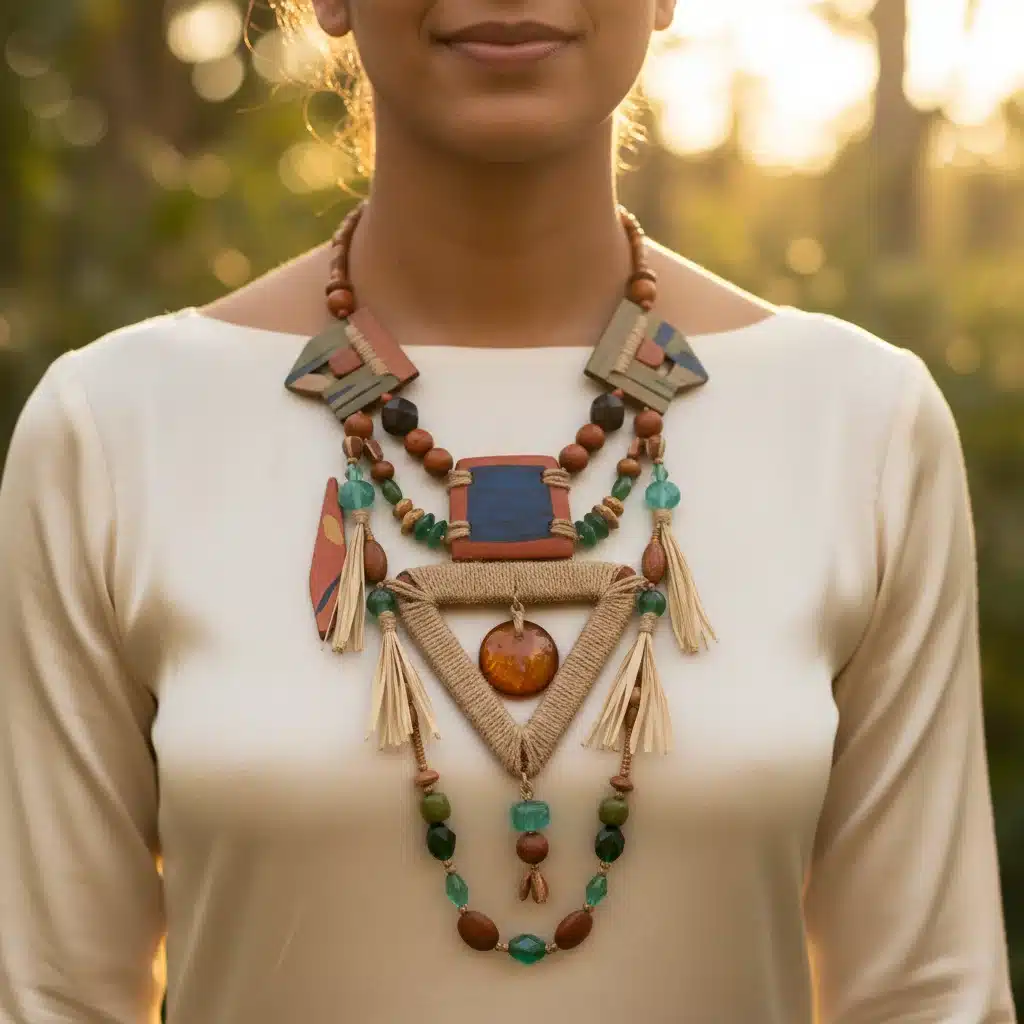 Close-up of a multi-layered statement necklace with geometric designs