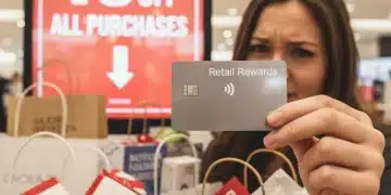Woman holding a store credit card with 15% off promotion, surrounded by retail shopping bags