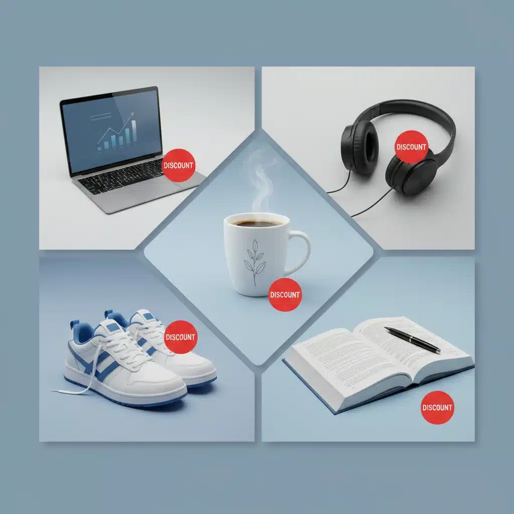 Collage showcasing diverse student discount categories: technology, fashion, food, and books.