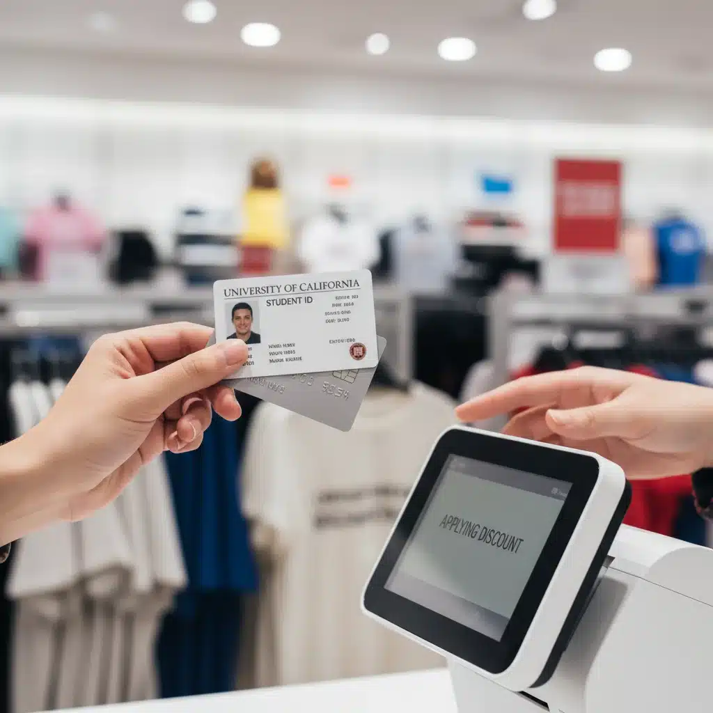 Student ID card being presented for a discount at a checkout counter.