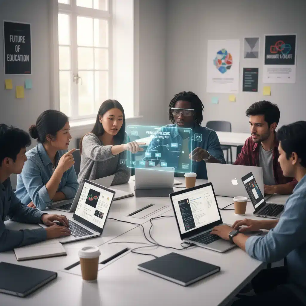 University students using AI tools for collaborative projects, demonstrating enhanced learning and productivity.