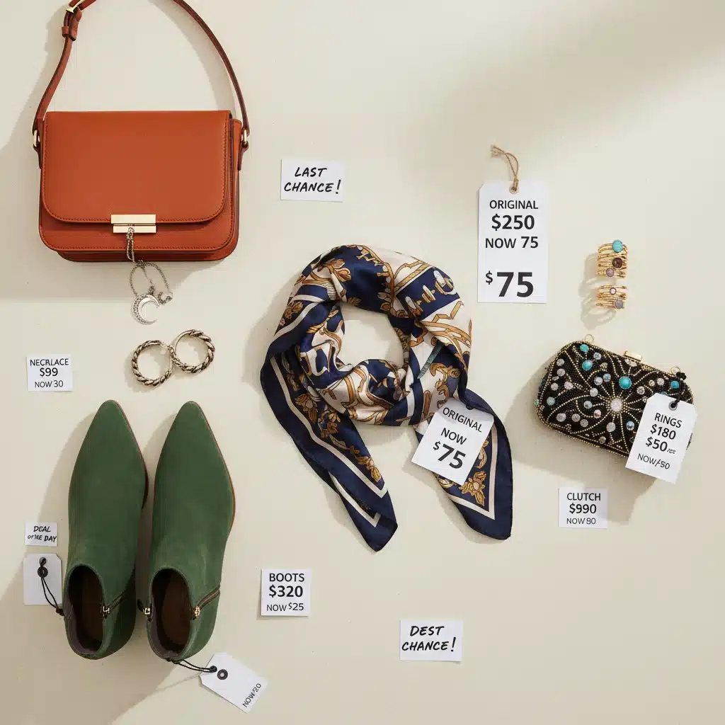 Collection of discounted fashion accessories arranged on a flat surface