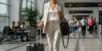 Stylish traveler with a carry-on suitcase at a modern airport