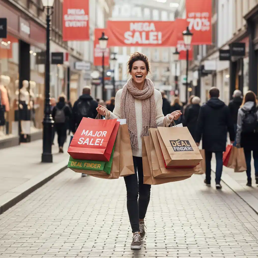 Happy shopper with multiple bags during a major sale event.