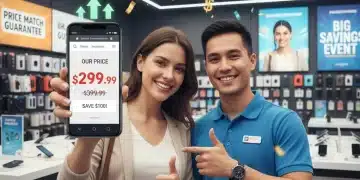 Customer successfully price matching at a retail store, showing a 10% discount.