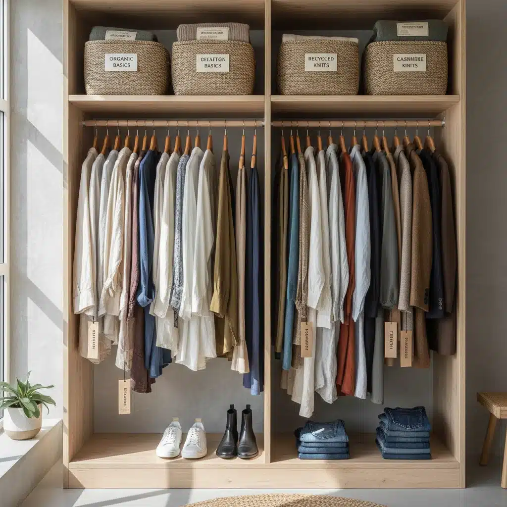 Minimalist capsule wardrobe with sustainable clothing, neatly organized in an open closet.