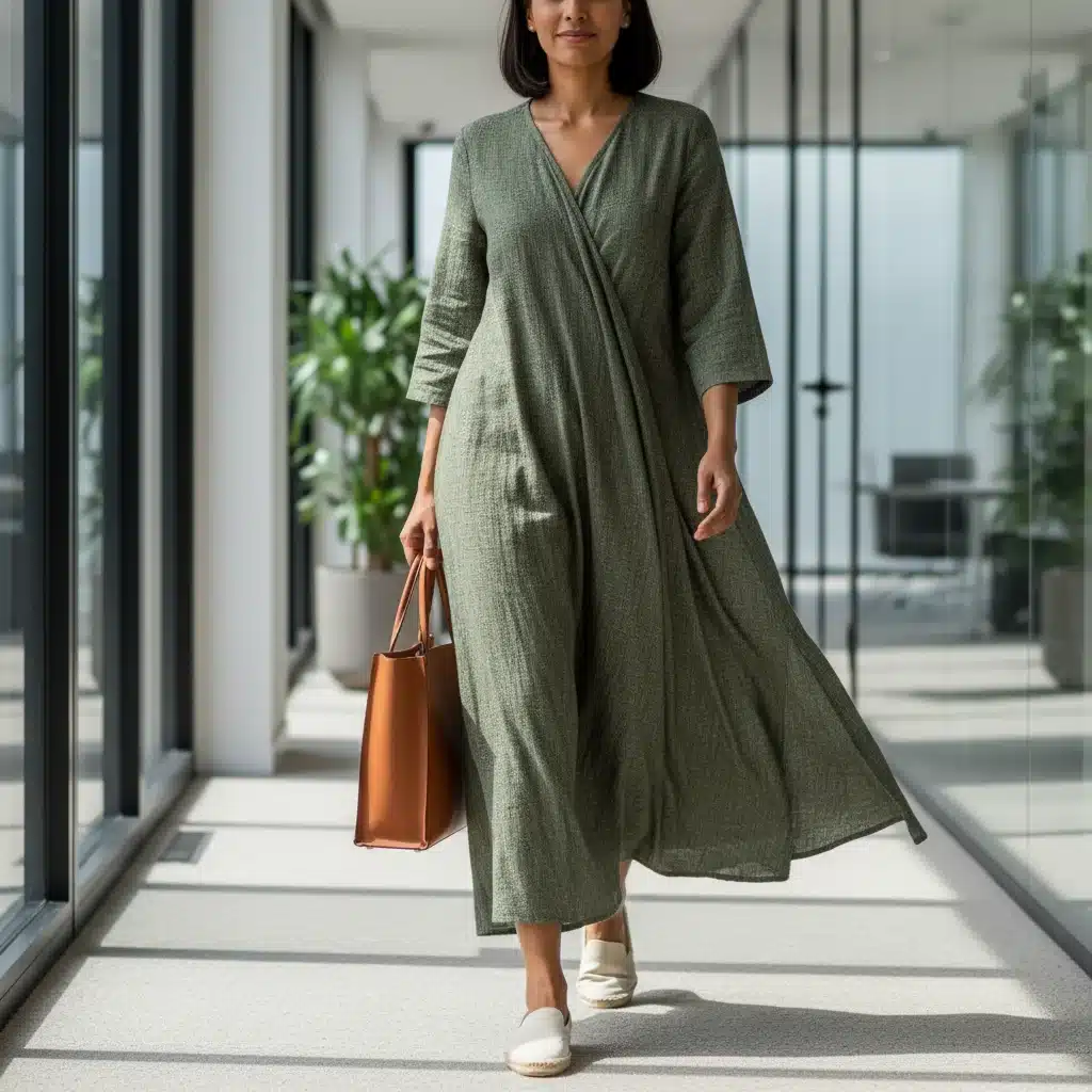 Professional wearing sustainable, comfortable workwear walking in an office hallway.