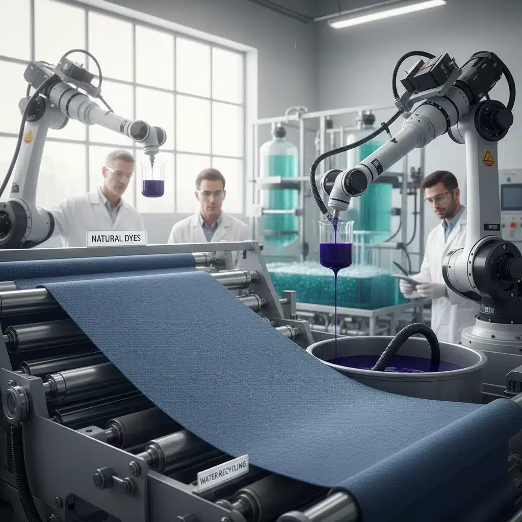 Sustainable denim manufacturing process with robotic arms and water recycling