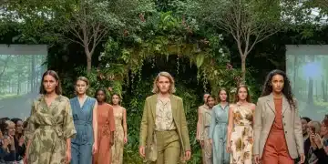 Models wearing sustainable fashion on a green runway