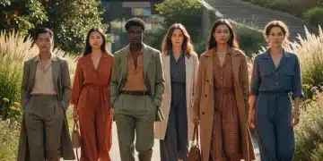 Diverse individuals showcasing eco-friendly fashion on a modern city street, embodying sustainable style.